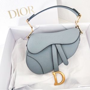 Christian Dior Mini Small Saddle Bag Grained Calfskin Leather Light Blue Grey